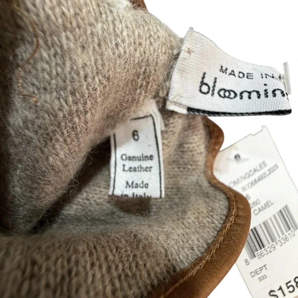 Bloomingdale's Italian Leather Fringe Gloves Camel Cashmere Lined SZ 6 NWT Boho